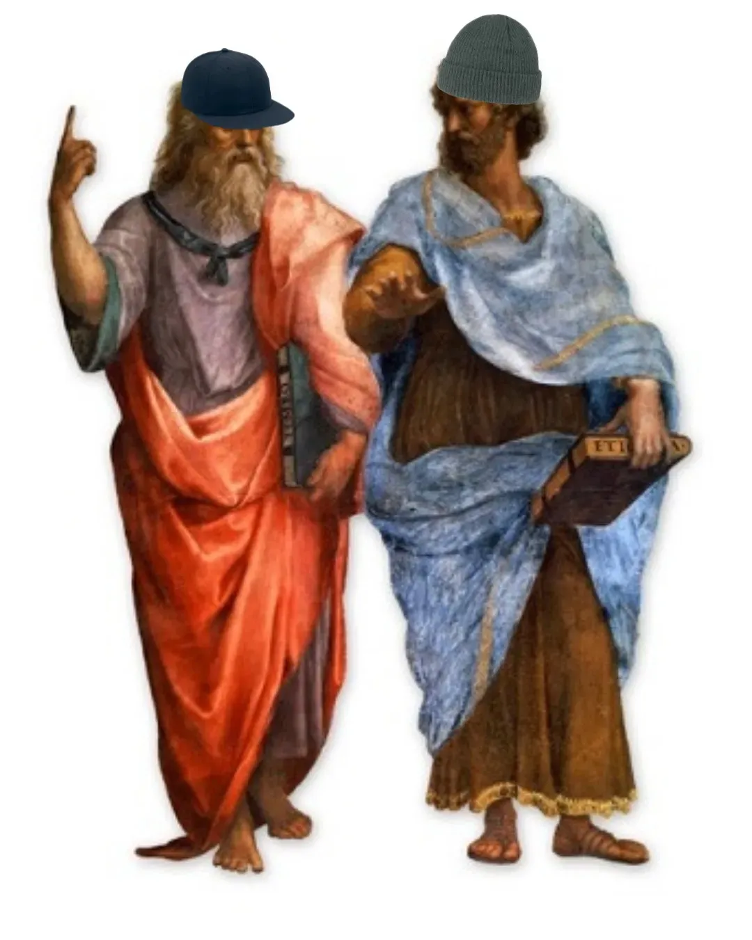 Socrates and Plato in Raphael's School of Athens with hats on